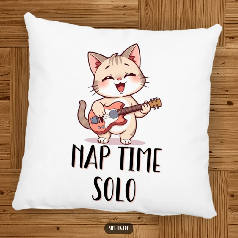 Funny cat giggling while playing a guitar on a plush pillow, perfect for relaxation.