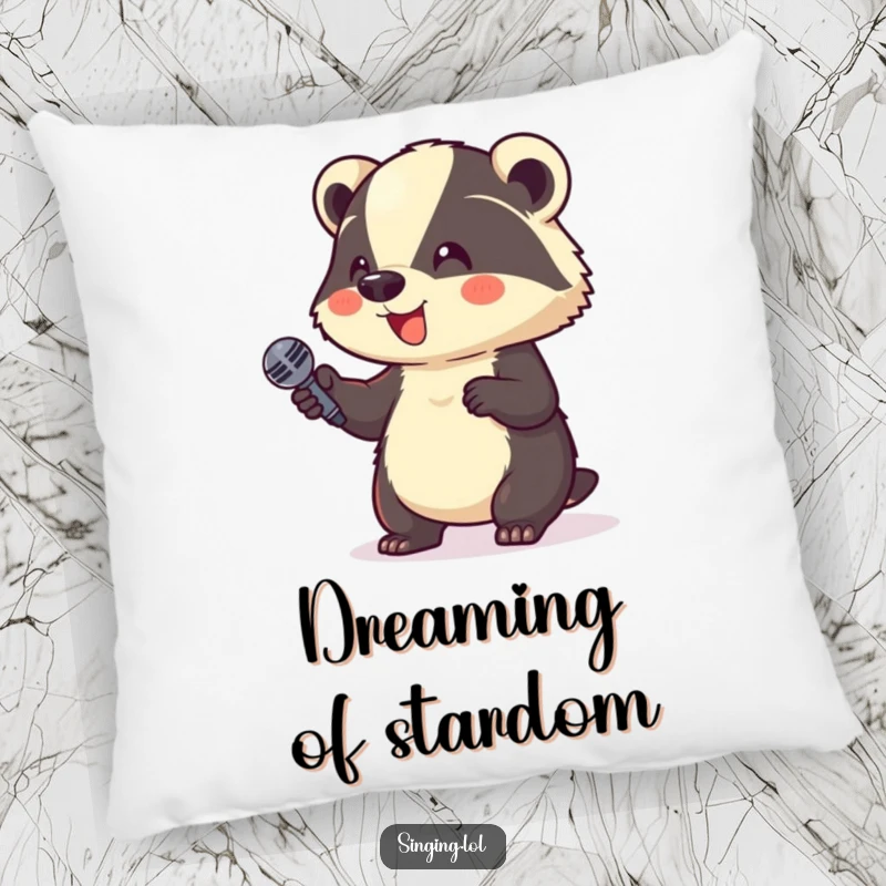 Funny Pillow: A giggling badger holds a microphone, a soft and humorous home decor item for comedy fans.