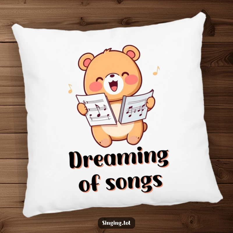 Funny pillow featuring a happy bear harmonizing with sheet music, offering soft comfort and musical cheer.