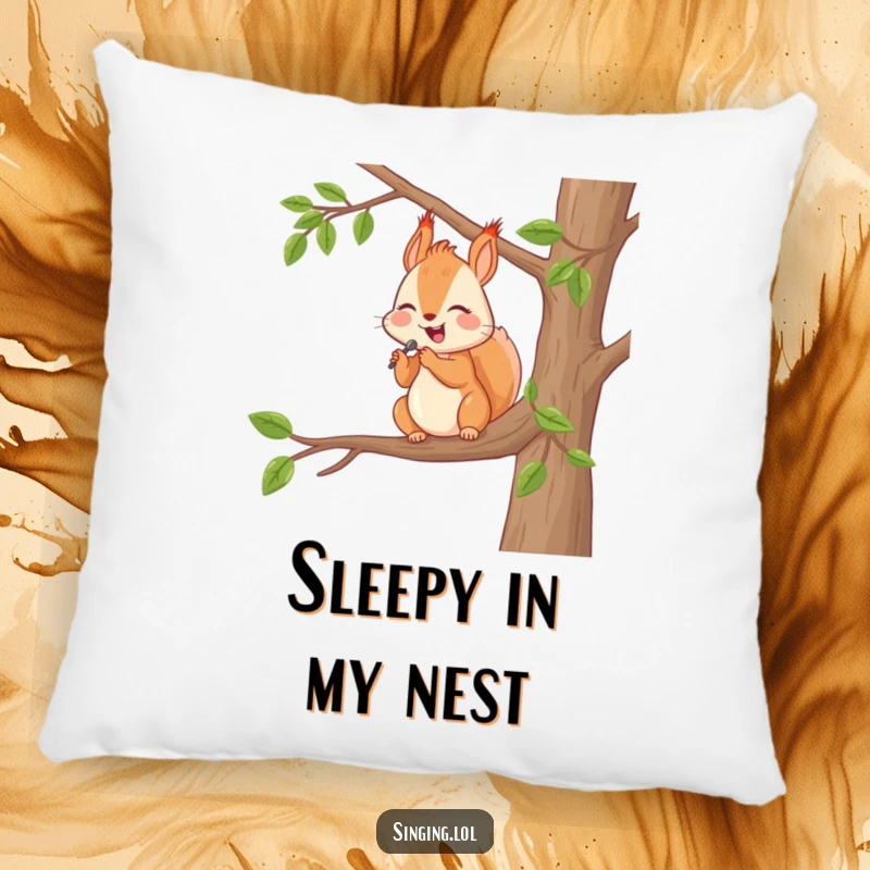 Funny Pillow: A happy squirrel serenades from a tree branch, a soft and humorous home decor item.