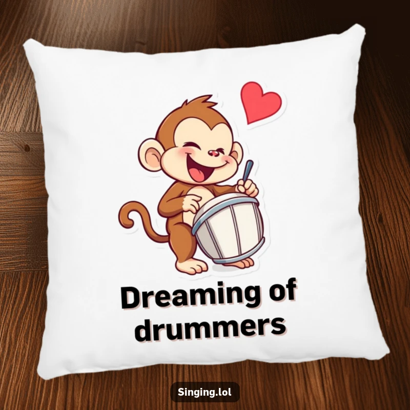Funny monkey pillow featuring a mischievous monkey character enthusiastically drumming, perfect for cozying up with rhythm.