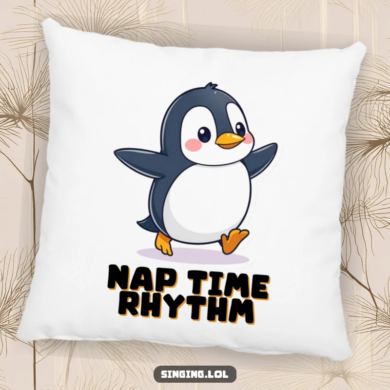 Soft pillow showcasing a smiling, waddling penguin character tapping its feet in a delightful, rhythmic pose.