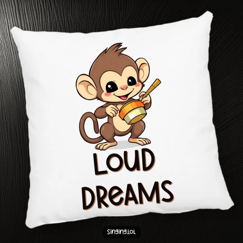 Funny pillow featuring a mischievous monkey character playing cymbals, offering soft comfort and playful energy.