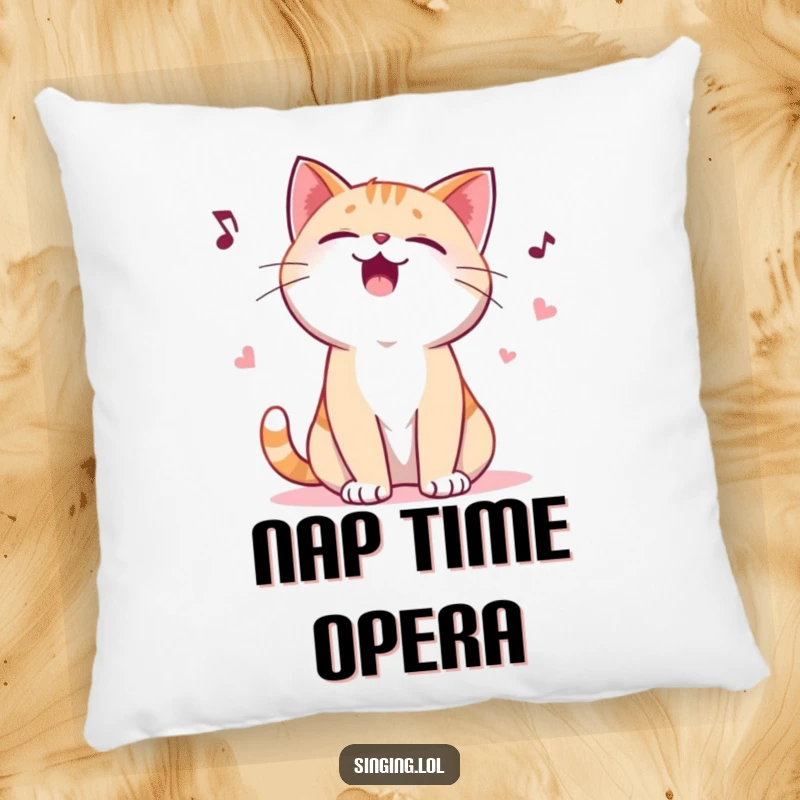 Funny pillow featuring a giggling cat character yowling a playful ballad, providing cozy comfort and a humorous decorative element.