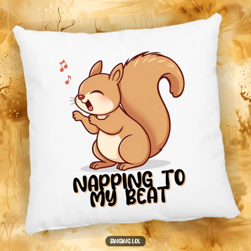 Funny pillow featuring a happy squirrel singing with its bushy tail swinging rhythmically, a soft and humorous home decor item.