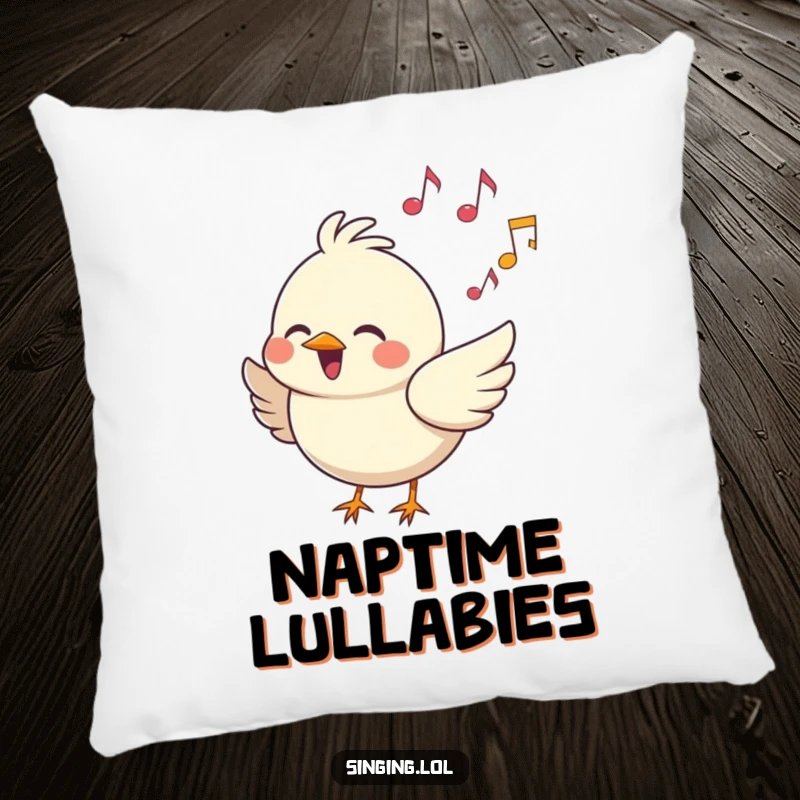 Funny Pillow: A cheerful bird character sings with musical notes, a soft and humorous home decor item.