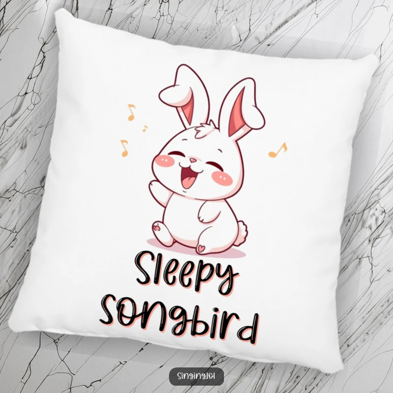 Funny rabbit pillow featuring a delighted character with ears flopping while singing, bringing comfort and cheerful energy.