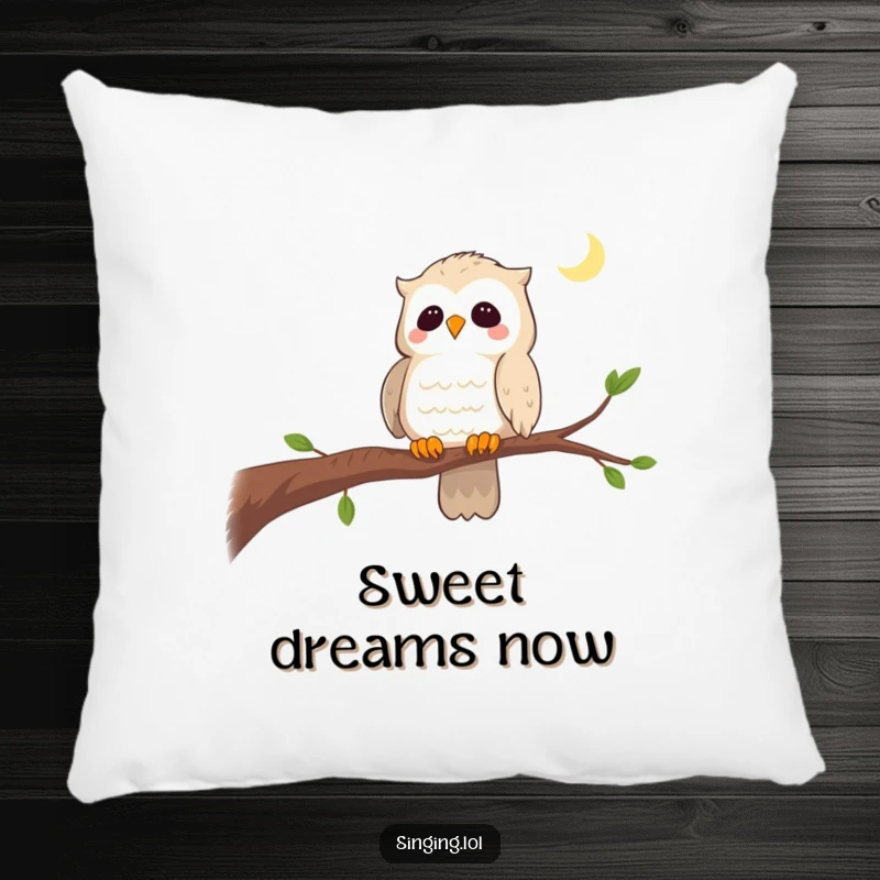 Funny decorative pillow featuring a curious owl singing a lullaby on a branch, perfect for adding serene comfort.