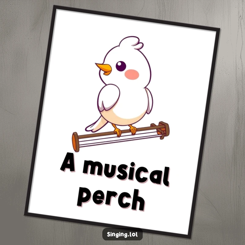 Funny bird digital art print of a smiling bird character perched on a musical staff, evoking joy and music.