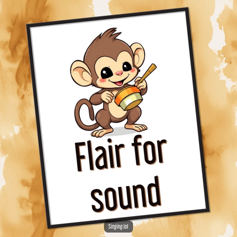 Funny digital art print of a mischievous monkey playing cymbals, for instant energetic decor.