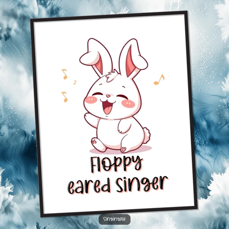 Funny rabbit digital art of a delighted character with ears flopping while singing, a cheerful and musical illustration.