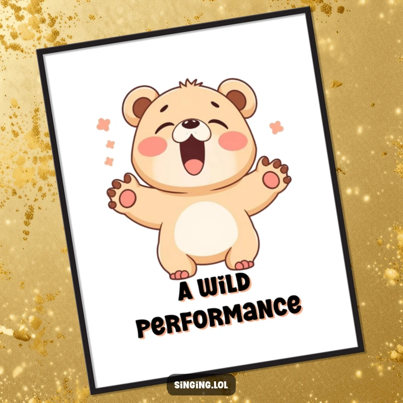 Funny Bear Cub Singer Digital Art Print: A giggling bear cub sings loudly with paws wide, vibrant and energetic artwork.