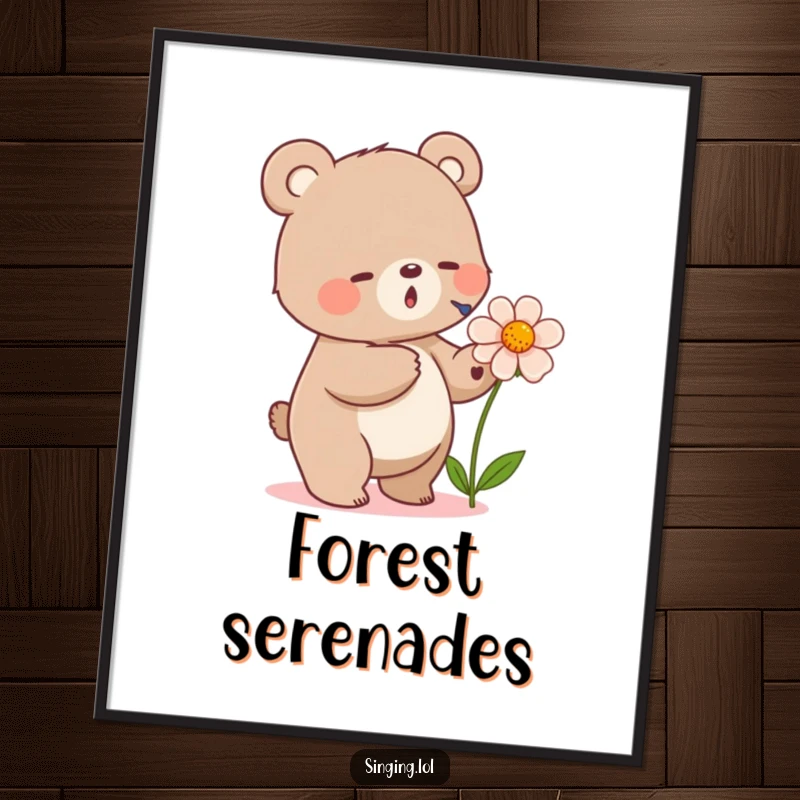Funny digital art print of a small bear tapping its foot and singing into a flower, perfect for adding instant natural and musical decor.