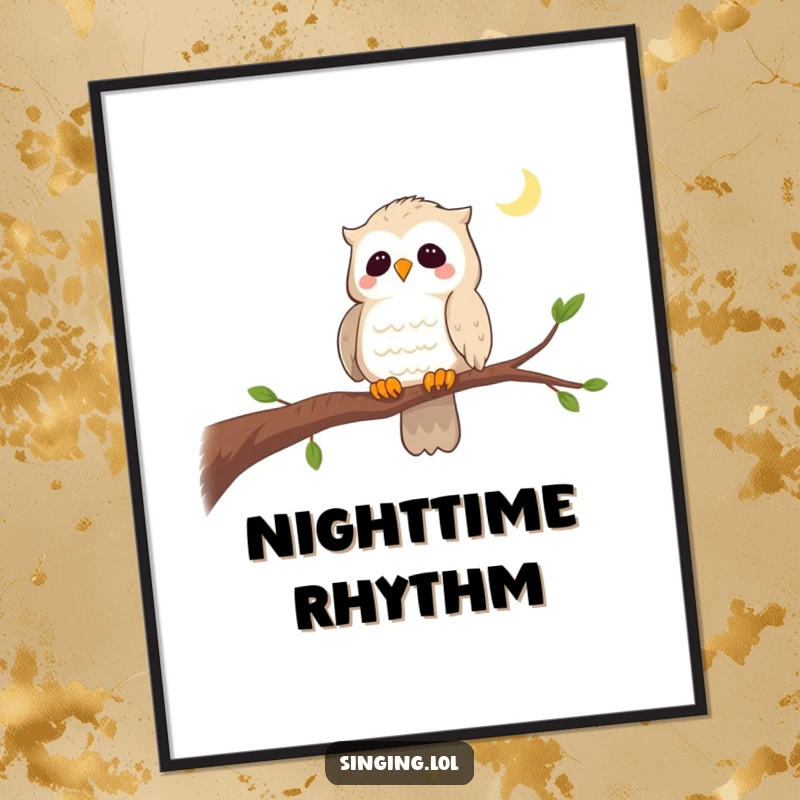 Funny digital art print of a curious owl singing a lullaby on a branch, perfect for adding instant calm and wise decor.