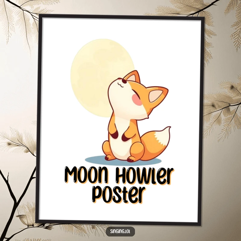 Funny joyful fox howling at the moon as a digital art print, ready to download and display for humorous decor.