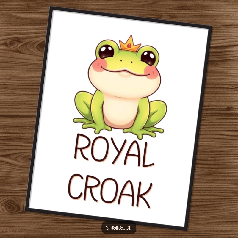 Funny Frog Prince digital art print of a giggling amphibian prince character croaking a happy tune, ready to be framed and displayed.