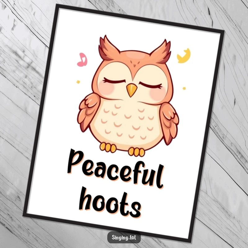 Funny owl digital art print of a happy character peacefully hooting a lullaby with closed eyes, perfect for serene wall decor.