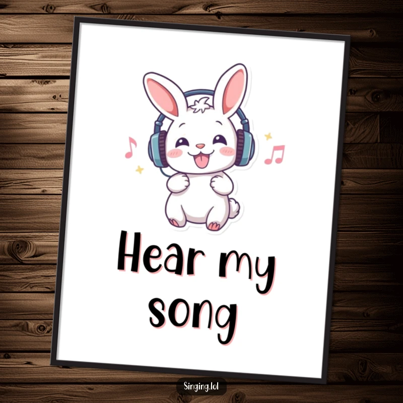 Funny digital art print of a rabbit with headphones, passionately singing, a vibrant and humorous piece for music lovers' walls.