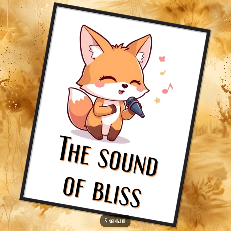 Funny digital art print of a happy fox with eyes closed, embracing a small microphone, singing with abandon.