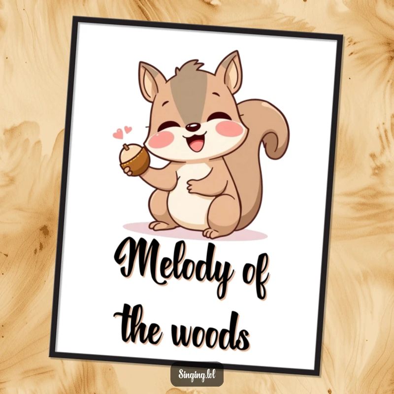 Funny squirrel digital art print of a happy rodent singing joyfully while holding a nut, perfect for online sharing or printing.