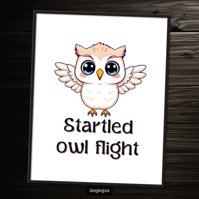 Funny digital art print of a surprised owl character with its wings outstretched, capturing a comical moment of shock.