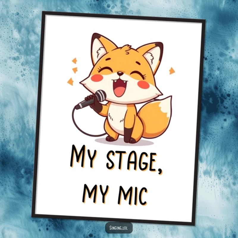 Funny Digital Art Print of a cheerful fox character holding a microphone and belting out a tune, bringing rockstar energy.