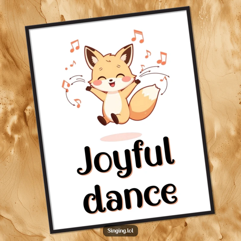 Funny digital art print of a little fox character dancing joyfully with musical notes swirling, ready to bring vibrant rhythm.