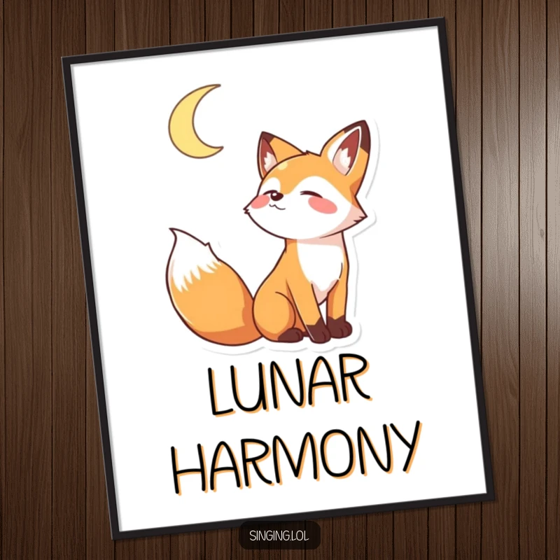 Funny digital art print of a playful fox character howling joyfully at a crescent moon, perfect for wall decor.