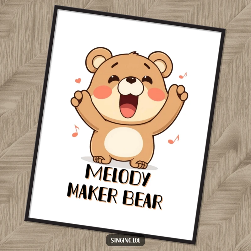 Funny bear digital art print of a character belting out a tune with a wide grin, a joyful musical illustration.