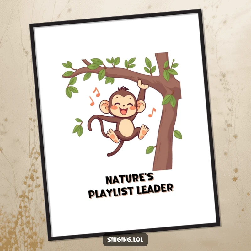 Funny Monkey Swinging and Singing Digital Art Print, a vibrant and humorous illustration of a cheerful primate performing a song.