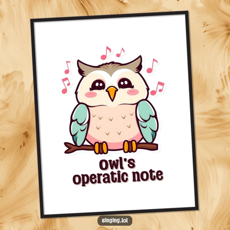 Funny digital art print of a cheerful owl with musical notes emanating from its open beak, adding humorous wall art.