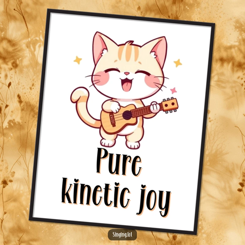 Funny kitten digital art print, a playful cat enthusiastically performing a solo, tail wagging to a vibrant rhythm, full of joy.
