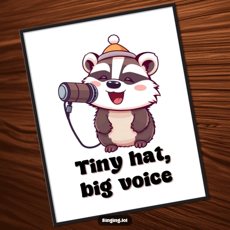 Funny digital art print of a cheerful badger wearing a tiny hat, singing passionately into a microphone, embodying a rockstar.