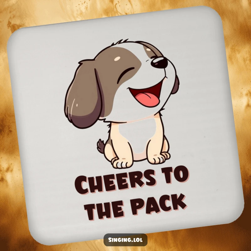 Funny set of 4 drink coasters featuring a joyful dog character howling with its head tilted back, perfect for tables.