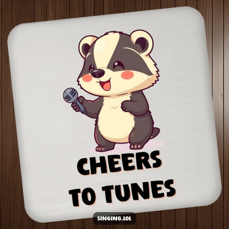Funny Drink Coasters: A giggling badger holds a microphone, a humorous set to protect surfaces.