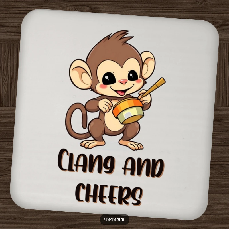 Funny drink coaster with a mischievous monkey character playing cymbals, adding energetic flair.