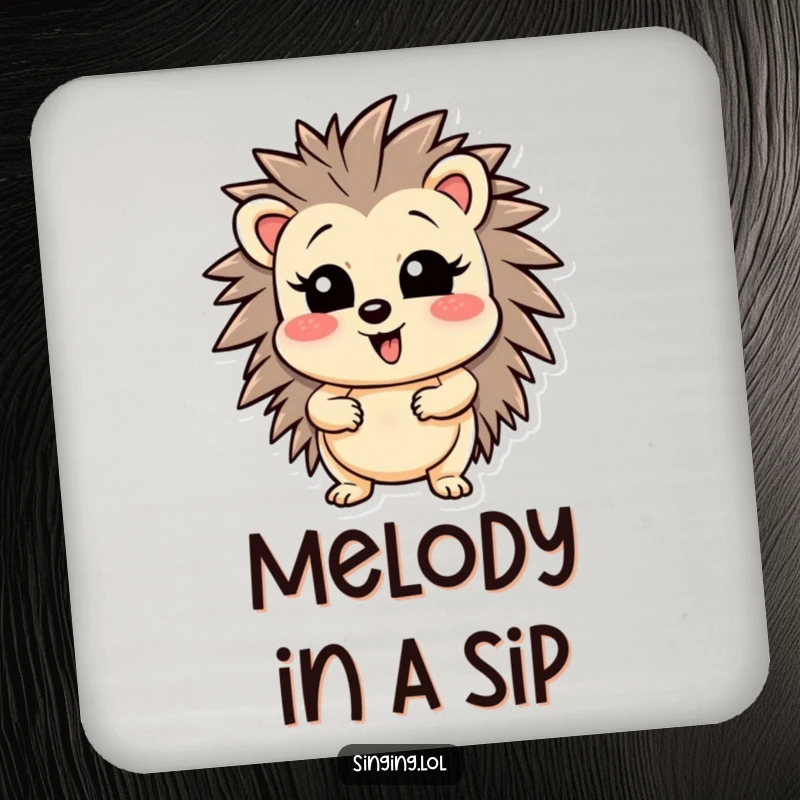 Funny wobbly hedgehog character hitting a high note, displayed on a round drink coaster with a humorous theme.