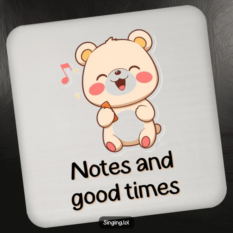 Funny set of 4 drink coasters featuring a cheerful cartoon bear character singing with a musical note, perfect for tables.