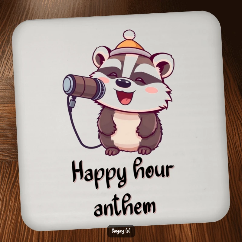 Funny drink coaster with a cheerful badger wearing a tiny hat and singing into a microphone, protecting surfaces with musical charm.