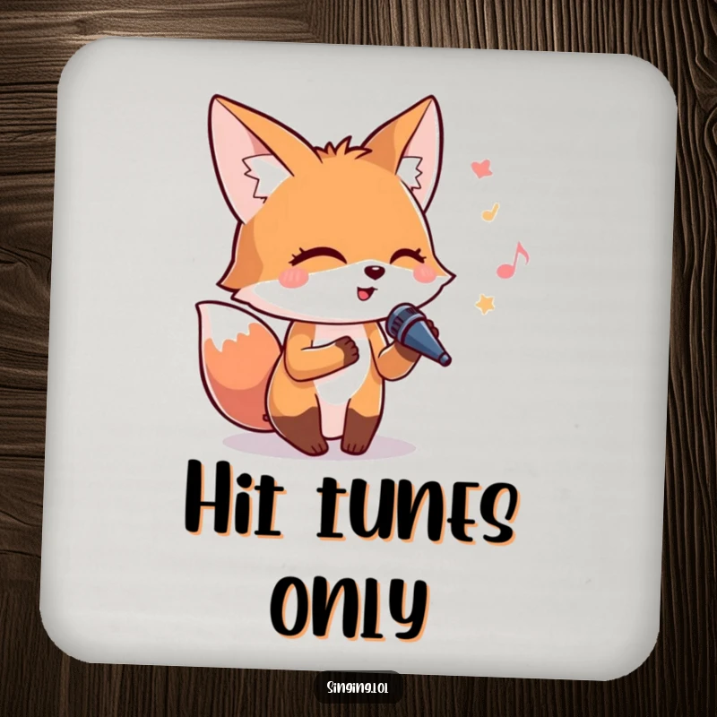 Funny drink coaster with a happy fox character holding a tiny microphone and singing with eyes shut.