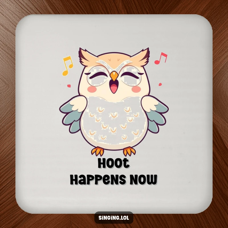 Funny triumphant owl character hooting a cheerful melody, displayed on a round drink coaster with a wise and musical theme.