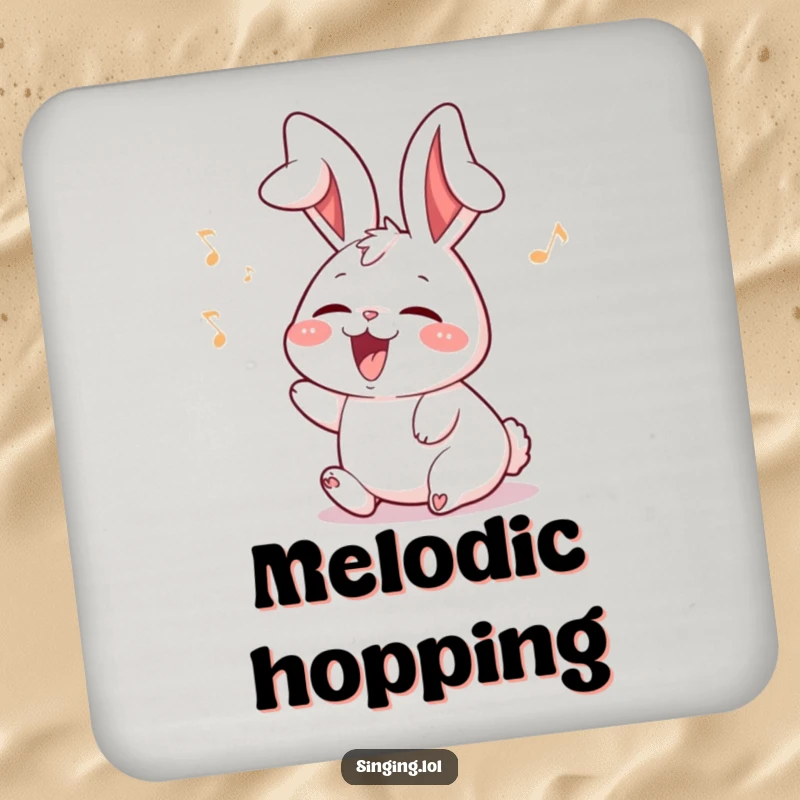 Funny rabbit drink coaster featuring a delighted character with ears flopping while singing, adding humor to tables.
