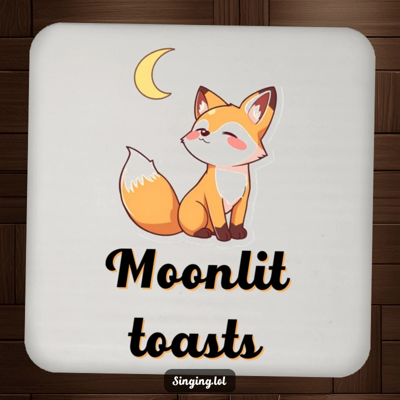 Funny set of 4 drink coasters featuring a playful fox character howling joyfully at a crescent moon, perfect for tables.