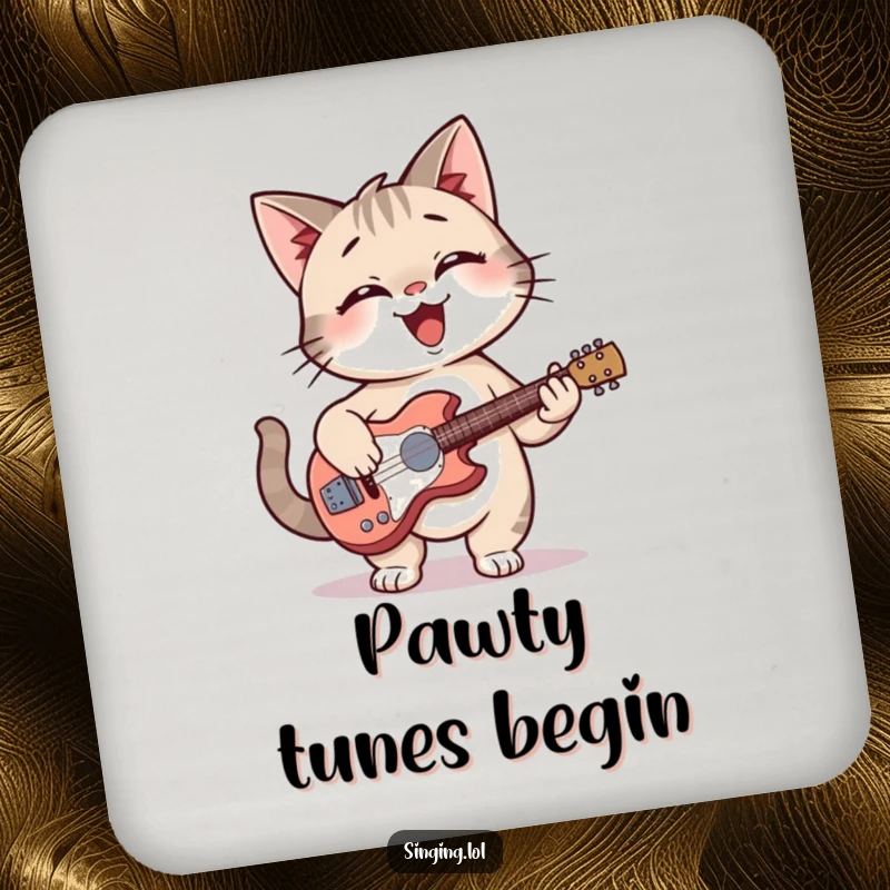 Funny cat giggling with a guitar on a drink coaster, protecting tables.