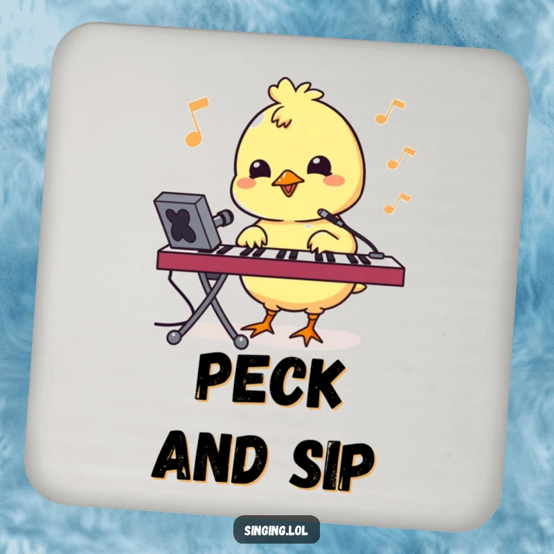 Funny drink coaster with a bouncy chick character pecking at a keyboard, adding tech-inspired flair.