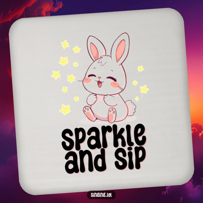 Funny Drink Coasters featuring a giggling bunny character harmonizing with glowing fireflies, protecting surfaces with magical charm.