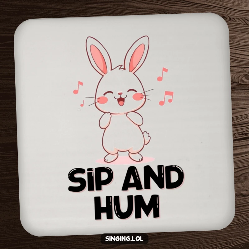 Funny rabbit drink coaster featuring a cute character humming a cheerful song, protecting surfaces with adorable charm.