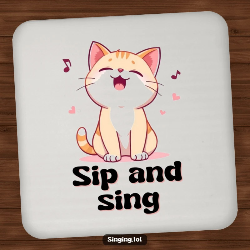 Funny drink coasters showcasing a giggling cat character yowling a musical ballad, adding a humorous and protective touch to any table.