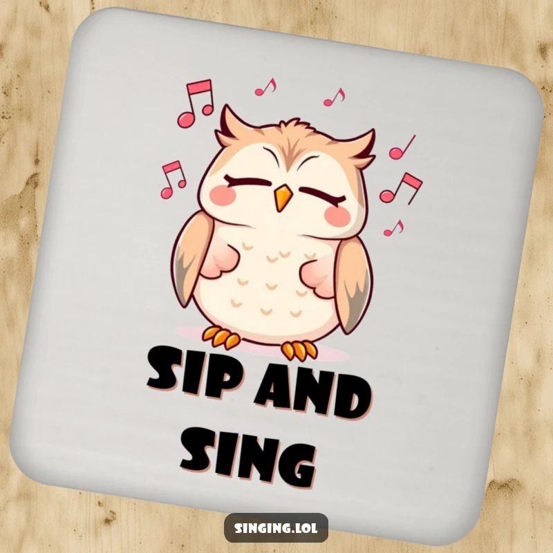 Funny drink coasters featuring a cheerful owl character singing with eyes closed, surrounded by musical notes, adding a humorous touch.