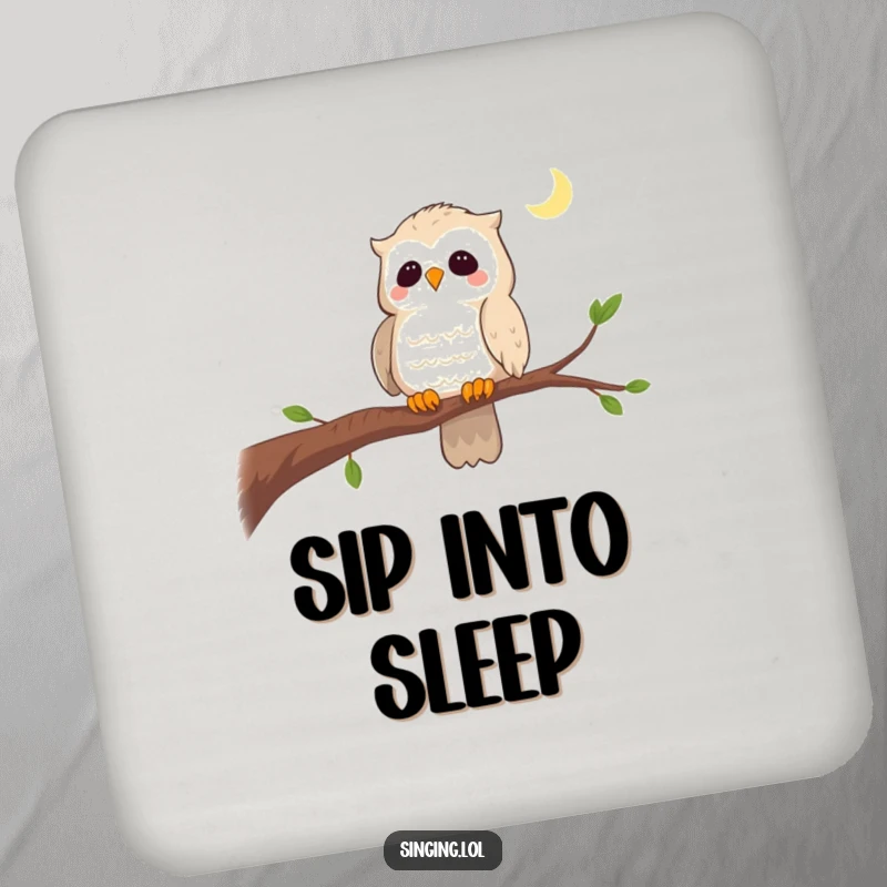 Funny drink coaster featuring a curious owl singing a lullaby on a branch, adding a serene and wise element.